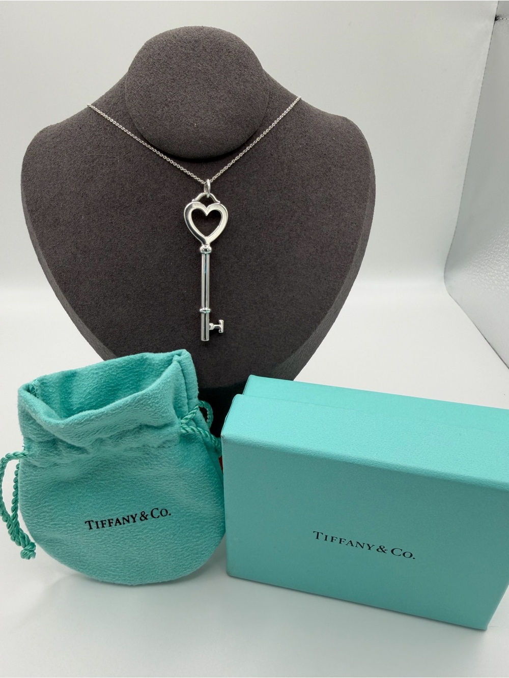 Tiffany & Co. Silver Heart Key Pendant Necklace with Signature Blue Pouch
